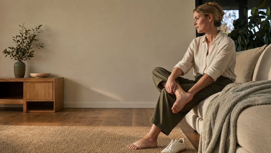 Woman beginning a calm five-minute evening foot reset after standing throughout the workday