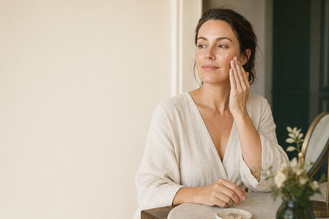Woman gently preparing her cheek with skincare slip before a facial gua sha ritual