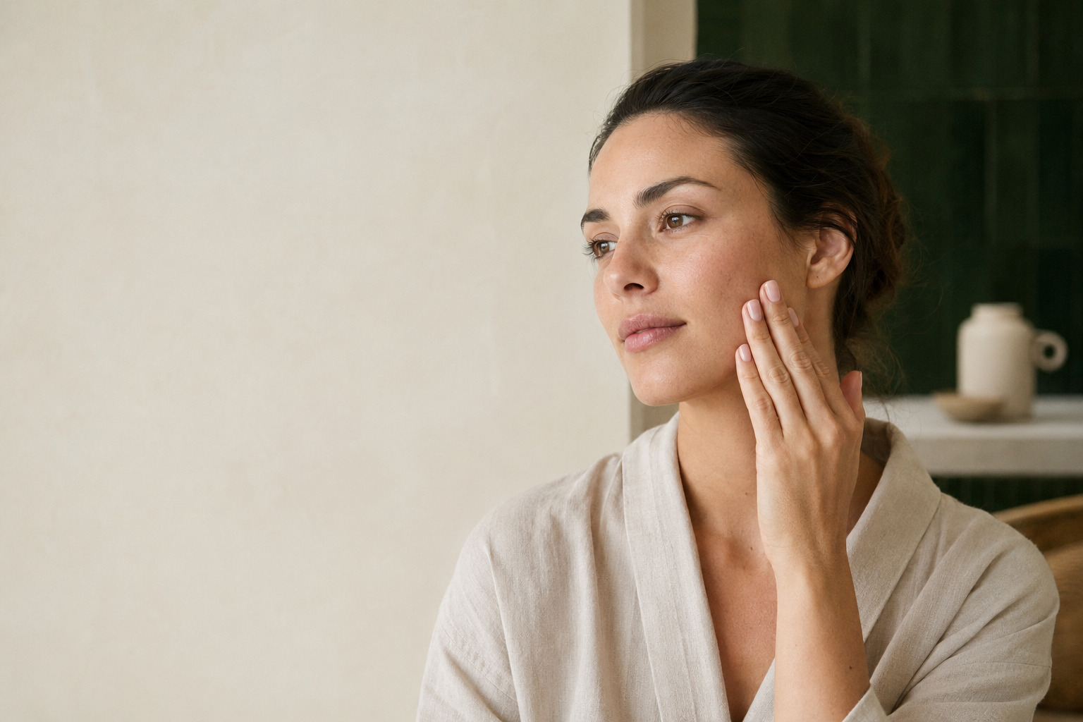 Woman beginning a gentle facial self-massage ritual in soft morning light.