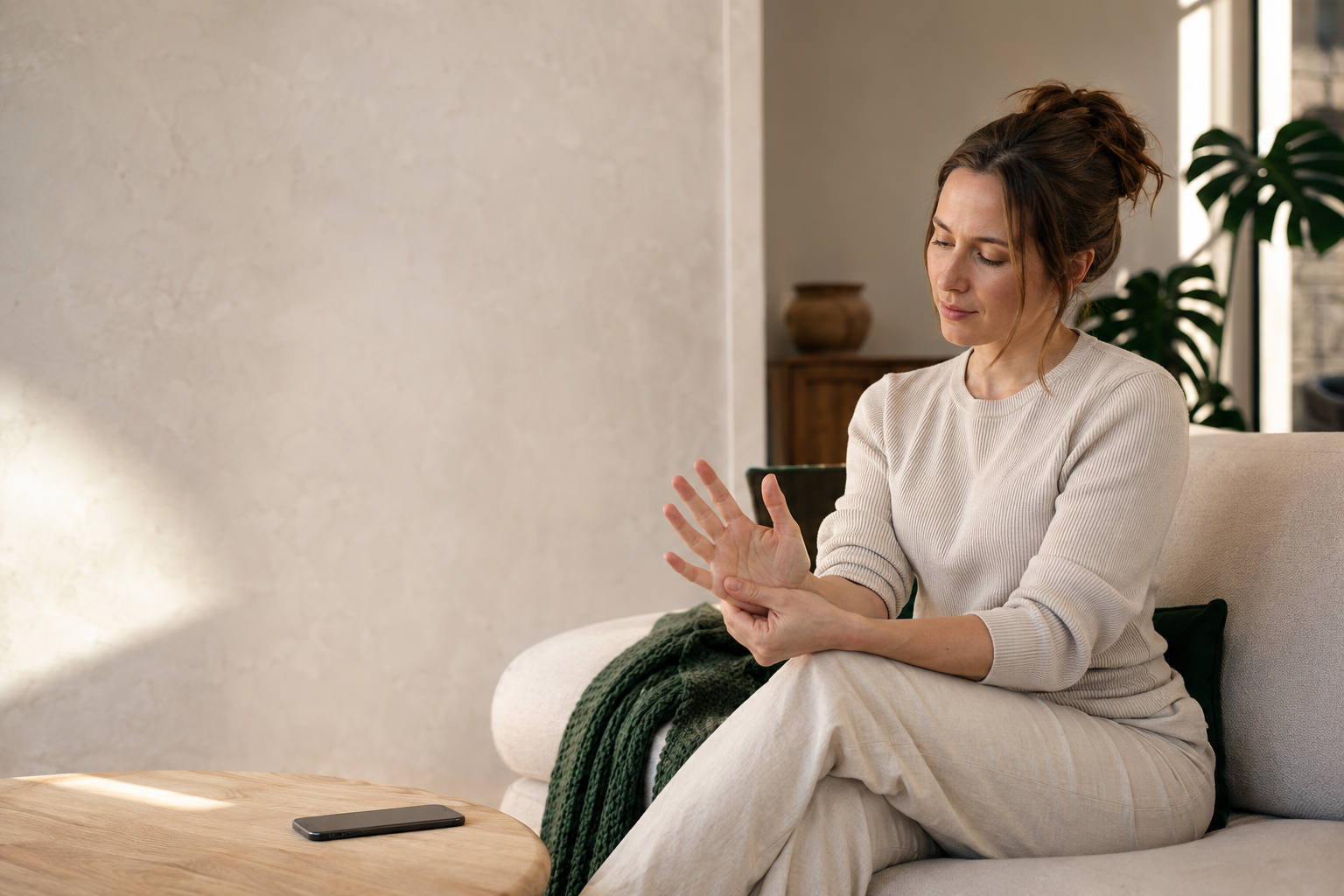 Australian woman beginning a gentle hand reset after setting down her phone