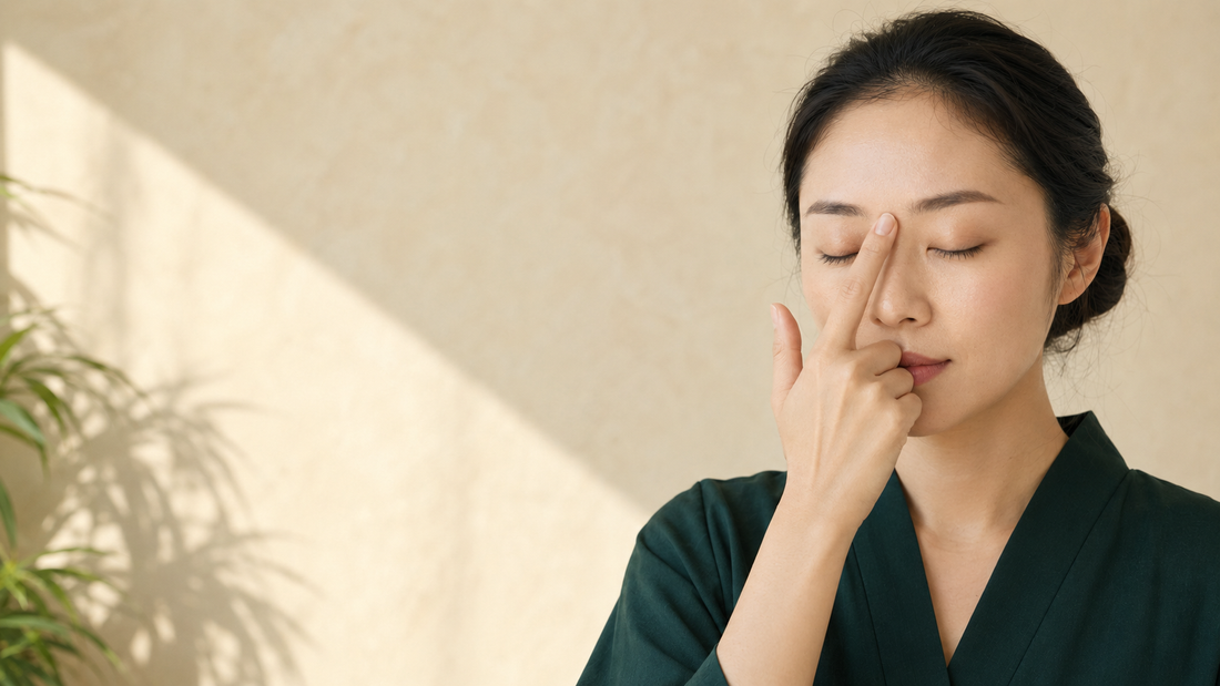 Woman using feather-light fingertip contact at the Yintang area between the eyebrows in warm natural light.